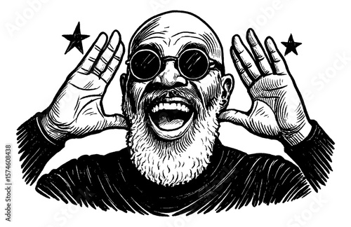 Excited Man with Beard Screaming with Hands Near Mouth in Black and White Engraved Style