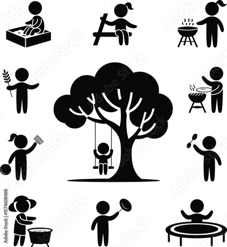Children playing outdoors vector illustration kids activities barbecue swing sandbox trampoline picnic 100