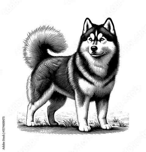 Standing Alaskan Malamute Dog with Black and White Fur in Detailed Engraving Style Illustration