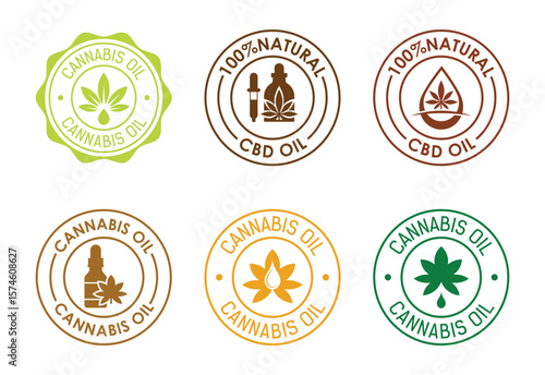Collection of Cannabis Oil and CBD Oil Labels Representing Natural Products and Plant Based Wellness Solutions in Circular Designs