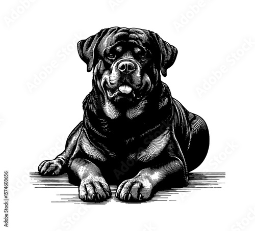 Engraved Illustration of a Rottweiler Dog Lying Down with Detailed Line Work on White Background