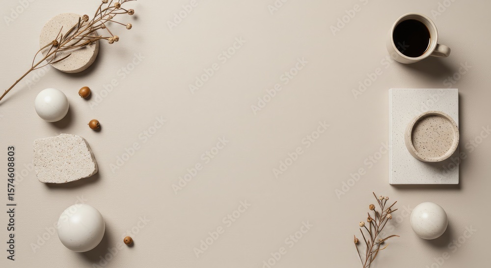 Fototapeta premium A beige aesthetic workspace arrangement featuring coffee, dried plants, and geometric shapes