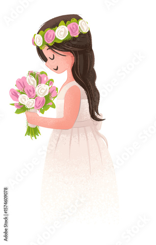 illustration of a tender little girl making her first communion with flowers in her hand