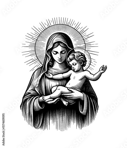 Madonna and Child Engraving Style Image of Mother Holding Baby with Halo in Black and White