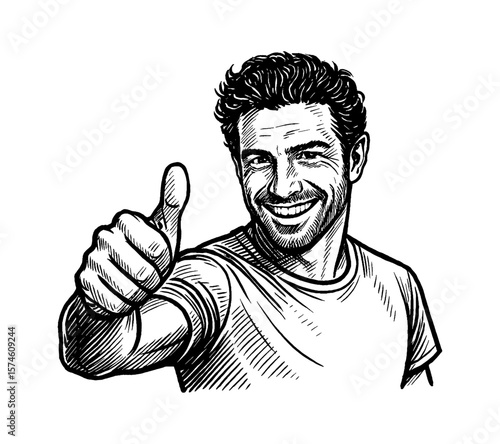 Smiling Man Giving Thumbs Up in Detailed Black and White Engraving Style Illustration