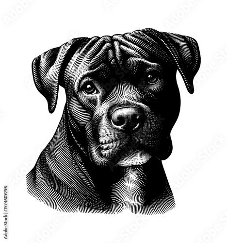 Close-up Portrait of a Dog with Detailed Engraving Style, canine friend with expressive eyes