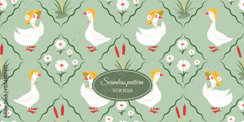 Vintage modern seamless drawing with a goose and a hat-wearing goose, flowers, reeds, and bows. Flirty wallpaper with bows and frames. Vector design.
