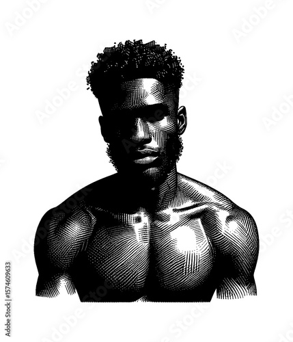 African American Man Portrait, Upper Body, Black and White Engraving Style, Introspective Mood