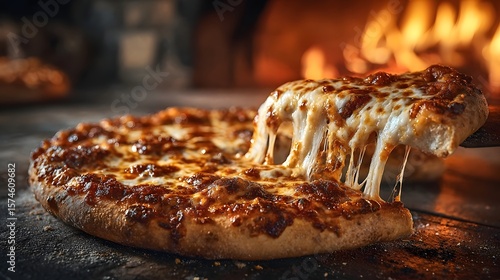 Irresistible golden pizza bubbling in a rustic stone oven