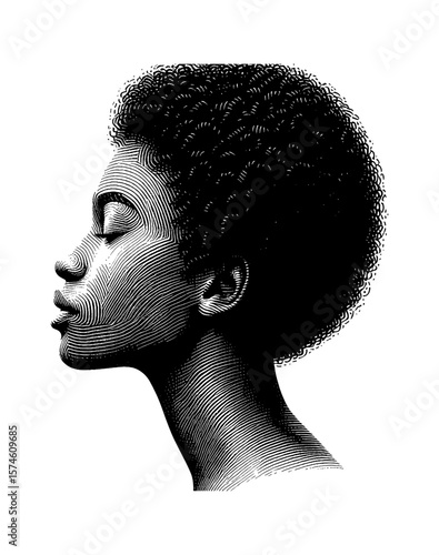 African American Woman Profile with Closed Eyes in Detailed Engraved Black and White Illustration