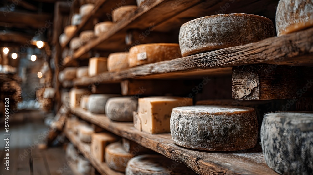 Traditional cheese warehouse with aging wheels on wooden shelves Traditional cheese warehouse with aging wheels on wooden shelves