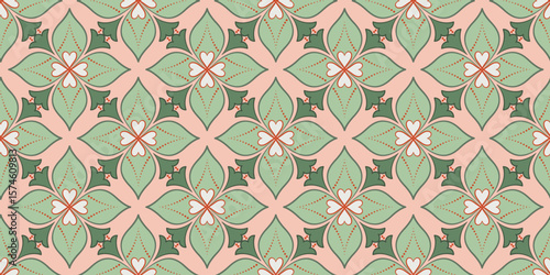 Floral seamless pattern in vintage style. Traditional painted ceramic tile. Diagonal square flowers ornament of calm green terracotta colors. Vintage square mosaic tile. Plant repeating ornament