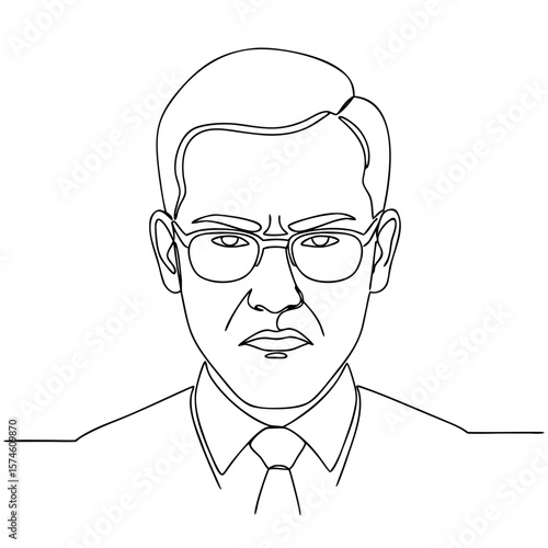 Man frowning while wearing glasses and a tie in a line art style  