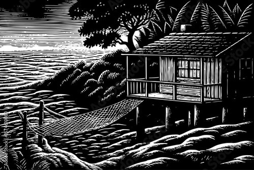 Japanese Sea scene with wooden house, fishing nets, and fog-covered waters rendered in cultural black and white line art illustration style ideal for print and web