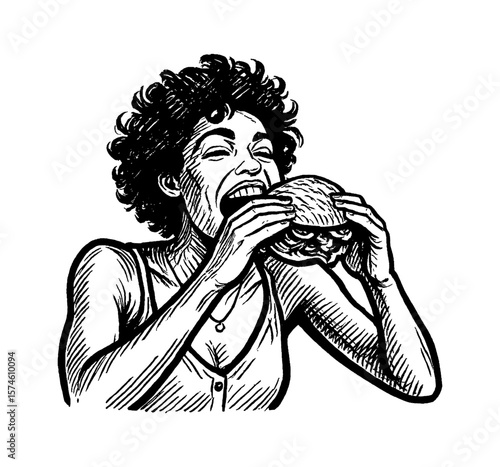 African American Woman Joyfully Biting into a Large Burger with Open Mouth in Engraving Style