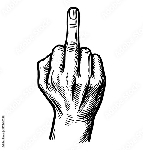 Hand Gesture Showing Middle Finger in Detailed Black and White Outline Drawing