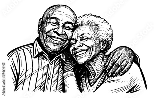 Happy African American Senior Couple Embracing and Laughing in Detailed Black and White Drawing