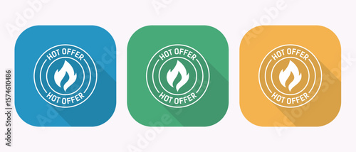 Hot Offer Icons Set with Flame Symbol on Colorful Square Backgrounds