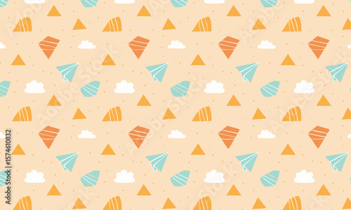 Cute Kids Paper Plane Seamless Pattern, Hand Drawn Vector Background with Airplanes, Clouds and Triangles for Nursery Fabric and Children's Wallpaper