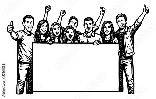 Diverse Group Holding Blank Sign Cheering with Raised Fists and Thumbs Up in Black and White Illustration