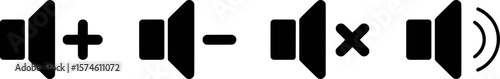 Black speaker volume icons with plus minus mute and sound wave symbols audio music