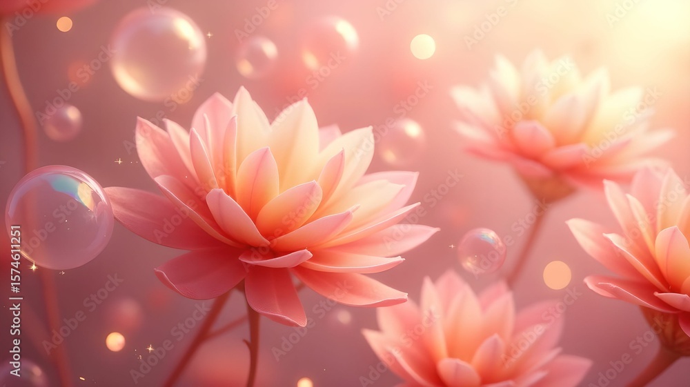 Beautiful pink flowers bloom in soft light with water droplets enhancing their vibrant colors during early morning hours Beautiful pink flowers bloom in soft light with water droplets enhancing their vibrant colors during early morning hours