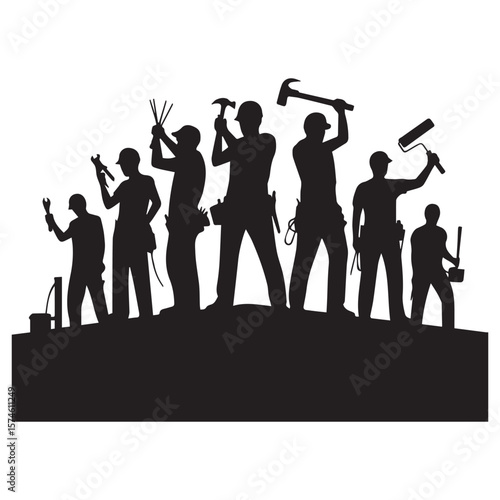 Diverse team of construction workers in silhouette holding various tools and equipment ready for a project