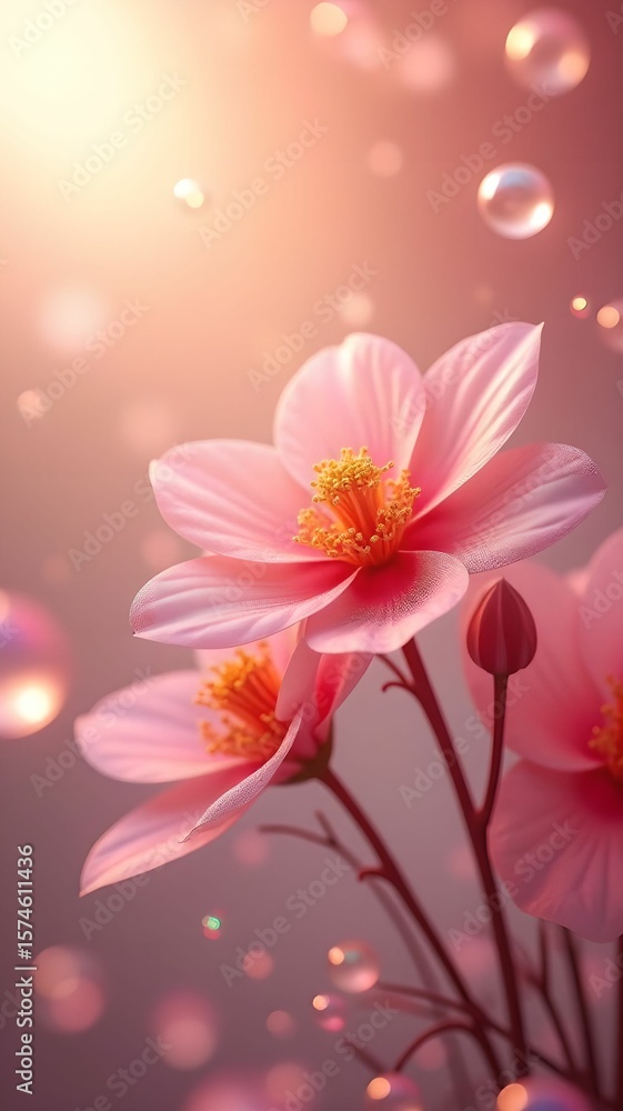 Obraz premium Beautiful pink flowers bloom in soft light with water droplets enhancing their vibrant colors during early morning hours
