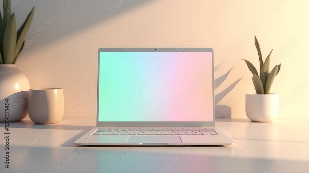 Fototapeta premium Modern laptop on a desk surrounded by greenery in a well-lit workspace during the day