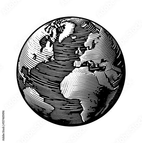 Engraved vector of globe earth with continent maps in black and white close up view