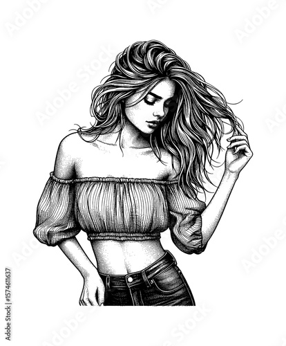 Pensive Woman with Long Hair in Off-Shoulder Top Black Jeans Engraving Style Illustration