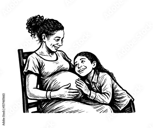 African American Mother and Daughter Bonding Over Pregnancy with Smiling in Black and White Drawing