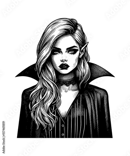 Intense Portrait of a Vampire Woman with Long Hair in Dark Outfit