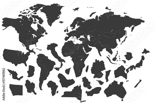 World map silhouette showing countries and continents in dark outlines against a white background