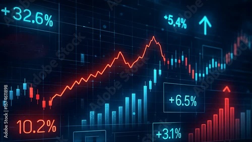 Holographic trading screen with red lines candlestick chart and glowing bar graph over dark digital background, showing futuristic Data Visualization, Tech Finance setup