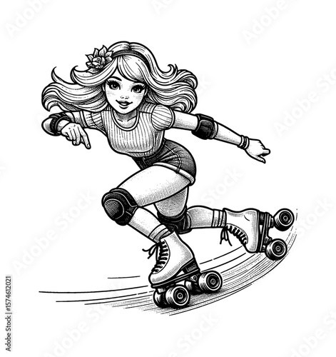 Cartoon Woman Roller Skating Happily in Black and White Engraving Style Illustration