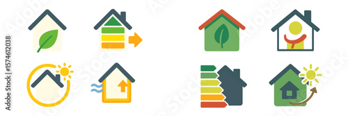 Icons representing sustainable energy solutions for homes and eco-friendly living practices in a modern context