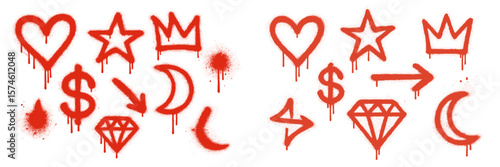 Graffiti art featuring various symbols in red spray paint on a white background in an urban setting