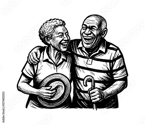 Happy African American Elderly Couple Embracing Each Other and Laughing in Black and White Detailed Illustration