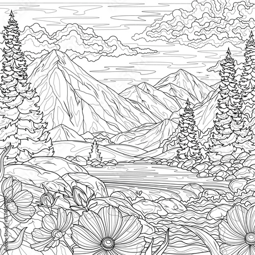 Landscape with a mountain river and flowers.Coloring book antistress for children and adults.