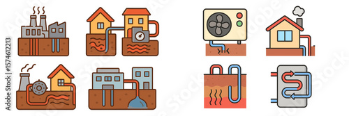 Illustration of various geothermal energy systems for heating and cooling in urban and rural settings