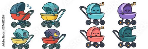 Variety of colorful baby strollers on display in a playful design featuring various features and characters