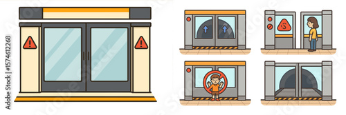 Safety precautions displayed at an elevator entrance in a public building during a busy afternoon