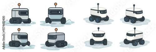Different types of robots navigating a snowy terrain with varied designs and movement capabilities