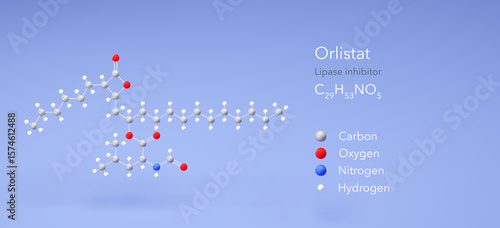 Fotografia orlistat molecule, molecular structure, lipase inhibitor 3d model, Structural Ch
