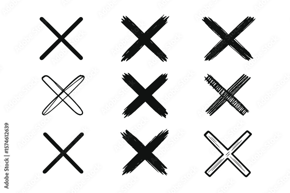 Fototapeta premium Different styles of hand-drawn black crosses arranged in a grid pattern showcasing artistic versatility and creativity in graphic design