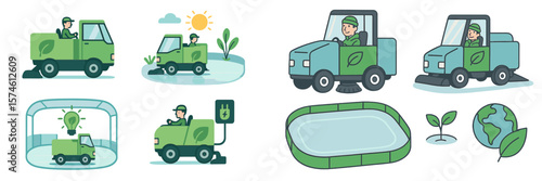 Eco-friendly vehicles showcasing sustainable practices in urban landscaping and maintenance tasks throughout the day