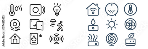 Home automation symbols showcasing temperature control, lighting, and air quality monitoring in a modern household environment
