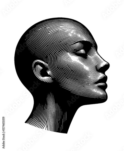 Engraved Portrait of a Woman in Profile with Detailed Line Work and Closed Eyes Illustration