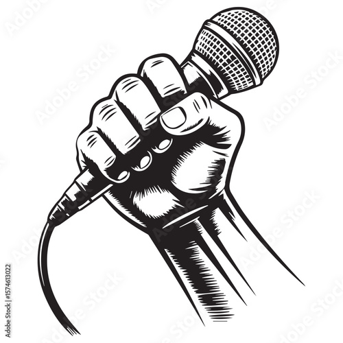 Powerful fist holding a vintage microphone with a cable in a black and white illustration style